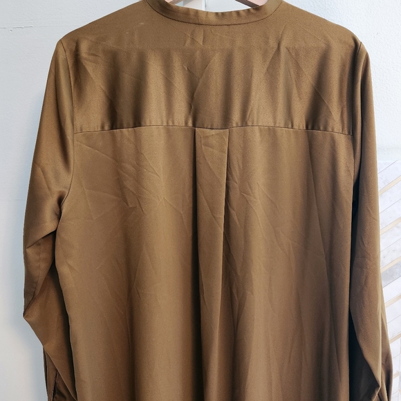 Eileen Fisher Large Gold Leaf Recycled Satin Long Shirt Dress Mandarin Collar - Picture 6 of 10